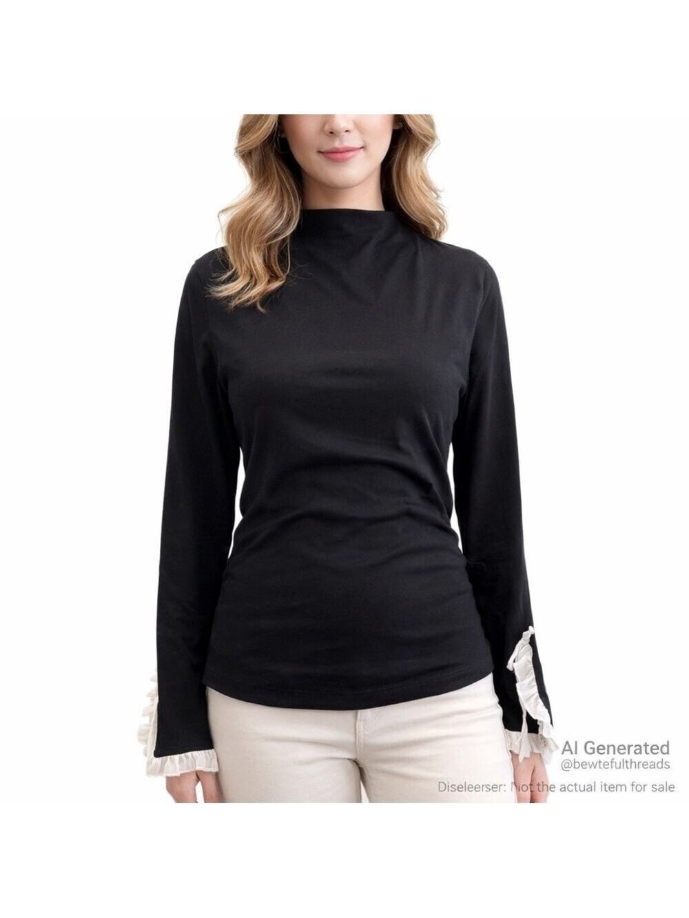 Maeve Size S Black Mock Neck Ruffle Long Sleeve Top